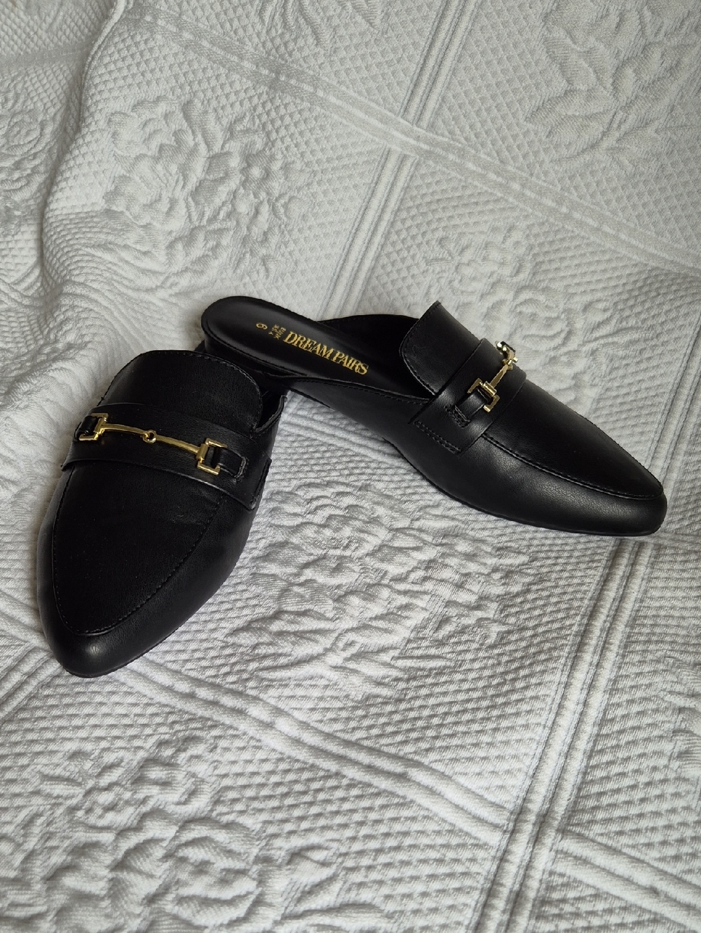 Dream Pairs Black Slip-On Mules with Gold Bit